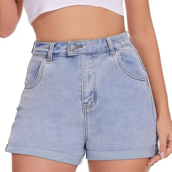 Denim Shorts Women Stretchy High Waisted Fold Hem Jean Shorts - Picture 6 of 6